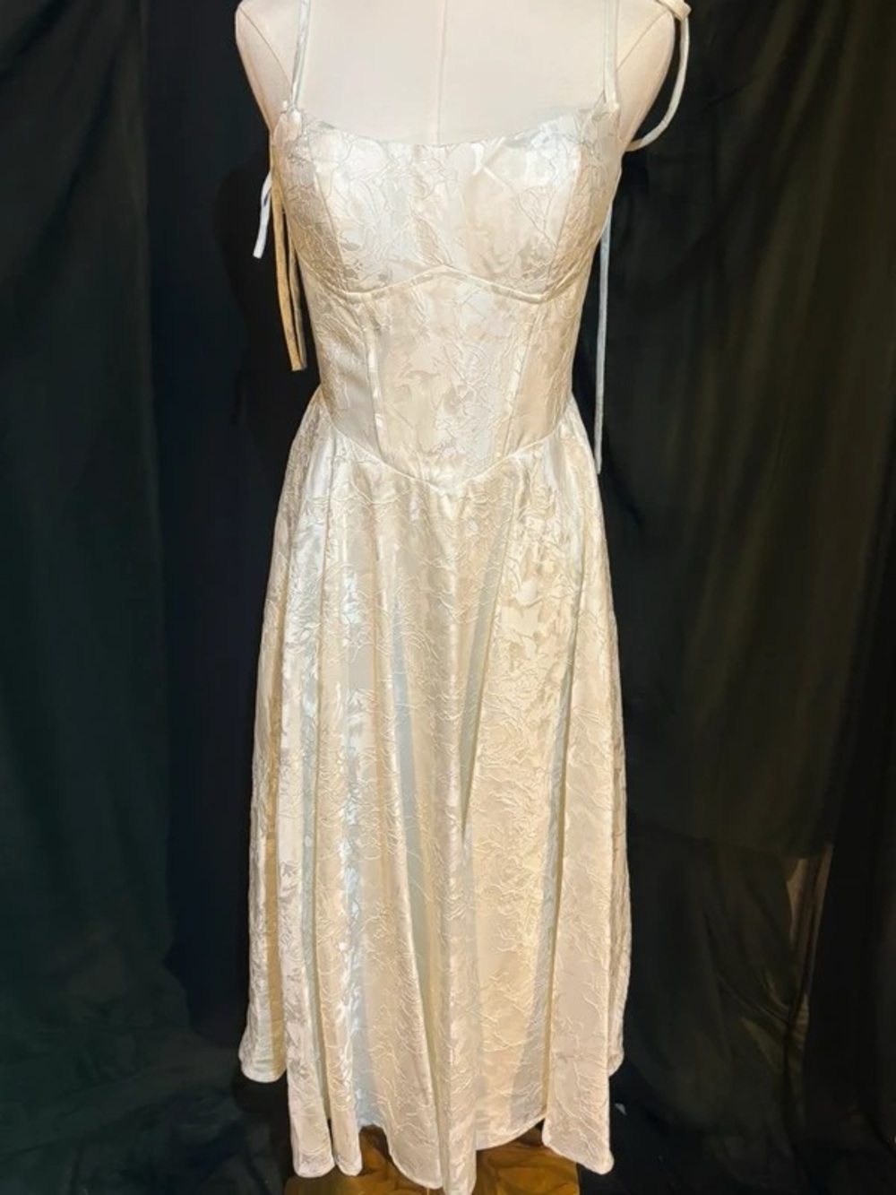 Ivory Jacquard Tie-Shoulder Midi Dress by